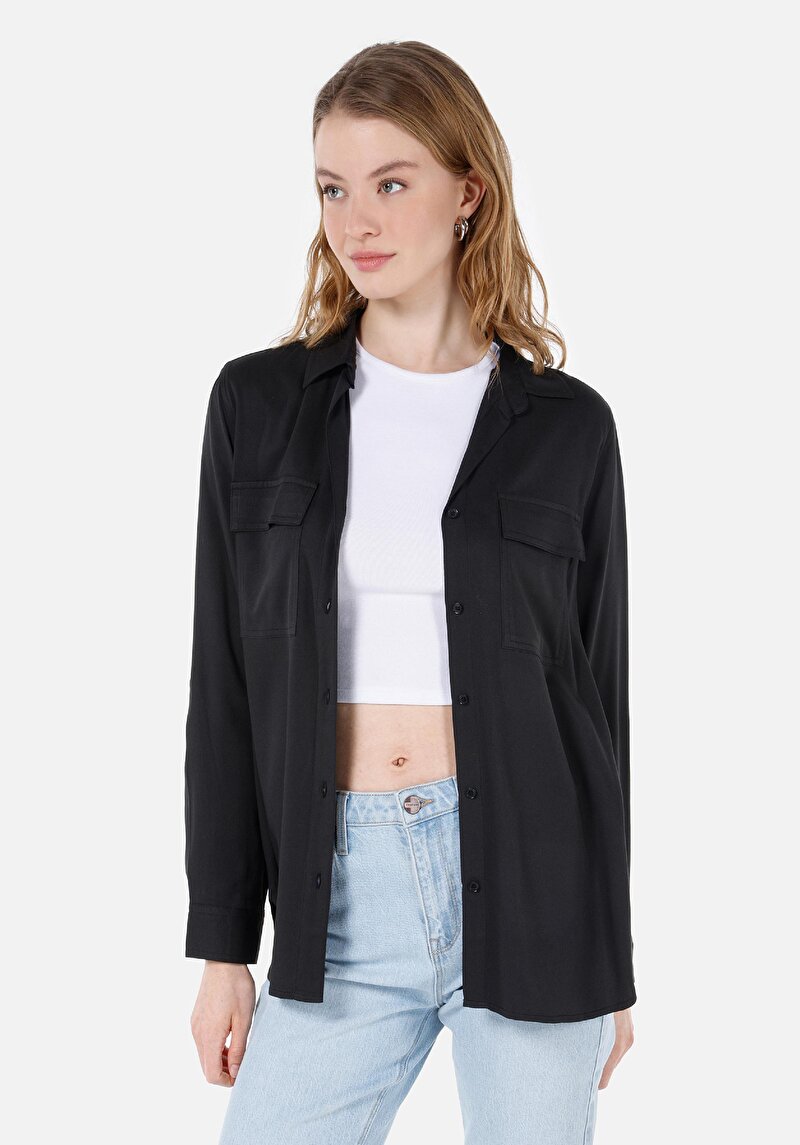 Regular Fit Shirt Neck Düz Kadın Antrasit Roll-Up Gömlek