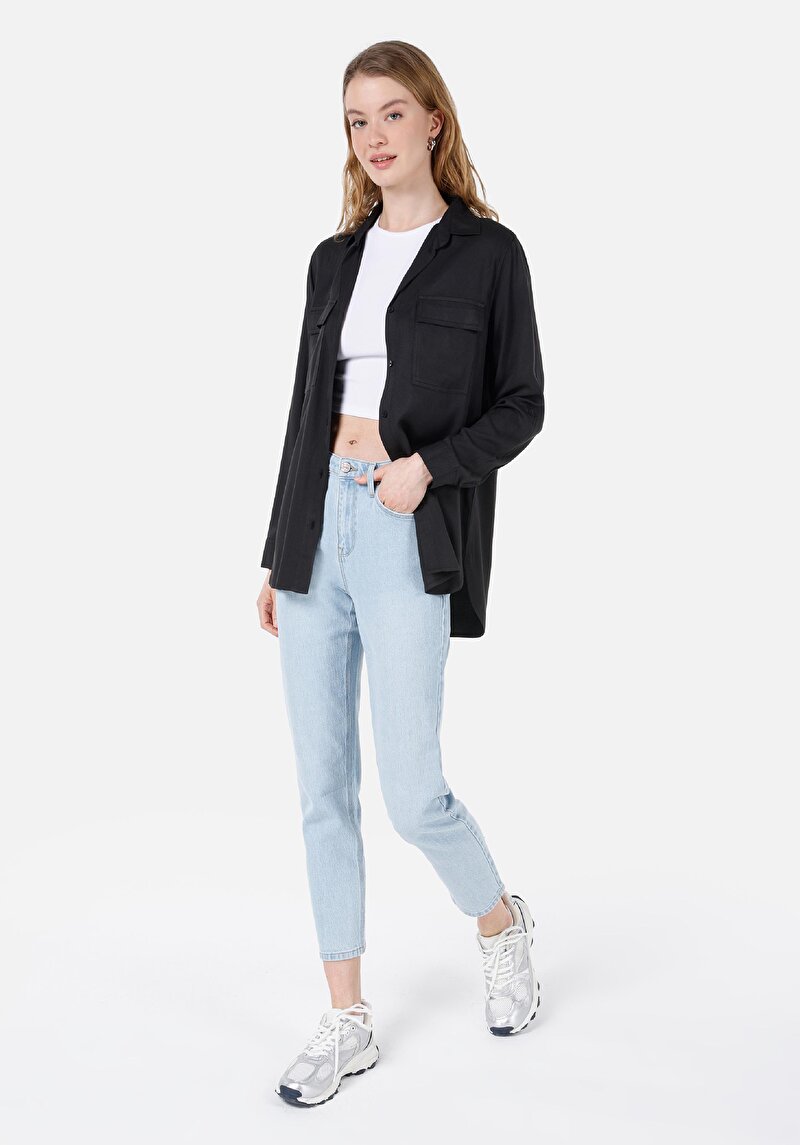 Regular Fit Shirt Neck Düz Kadın Antrasit Roll-Up Gömlek