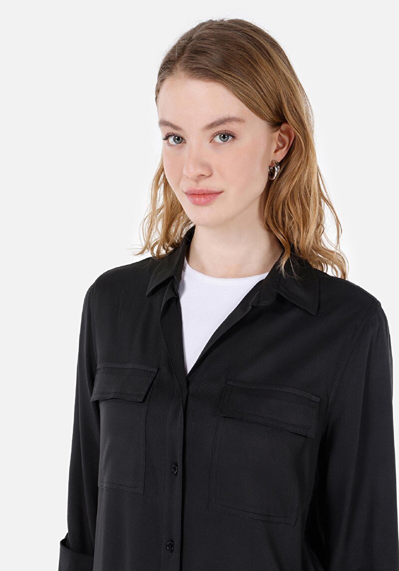 Regular Fit Shirt Neck Düz Kadın Antrasit Roll-Up Gömlek