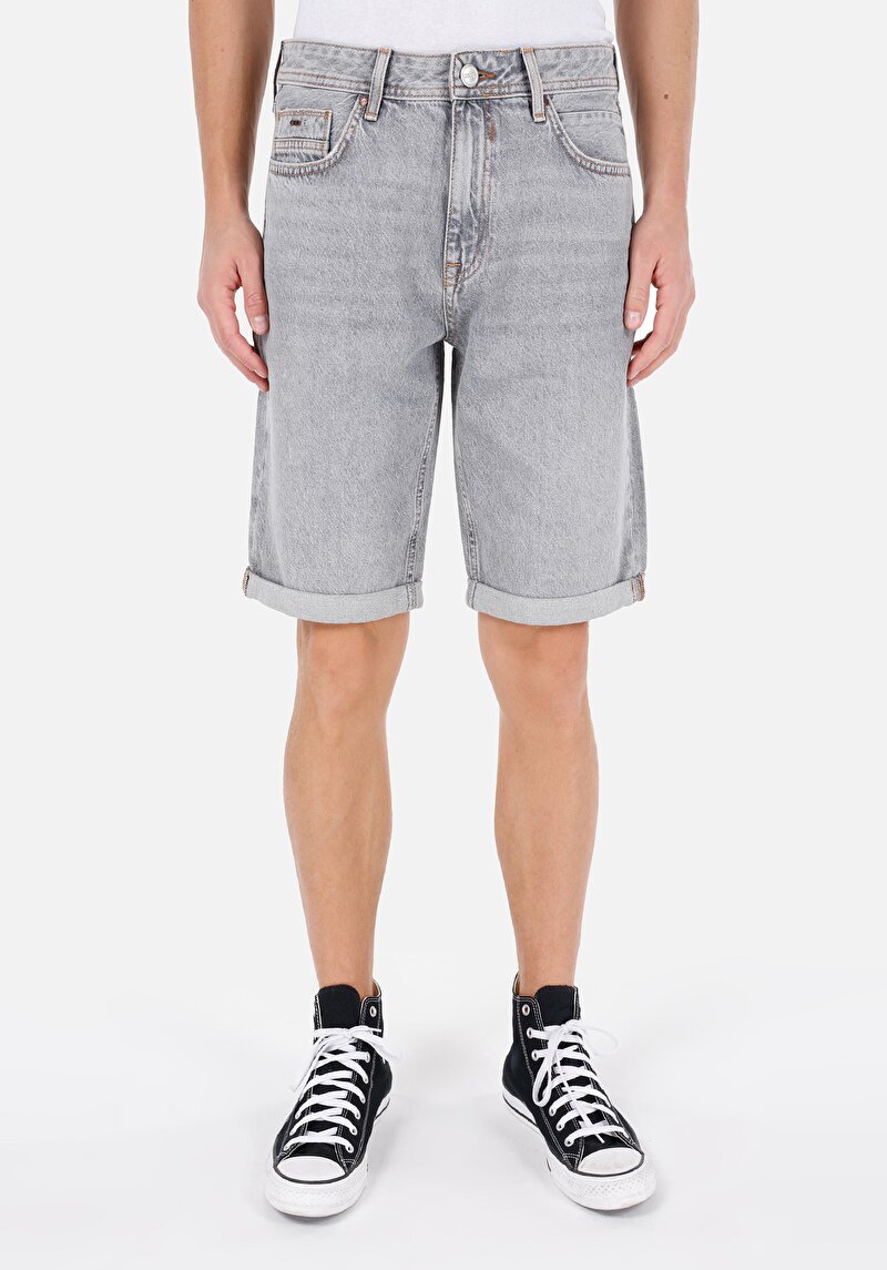 Regular Fit Orta Bel Erkek Gri Jean Şort