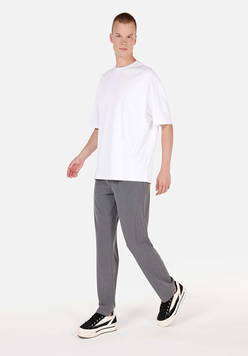 Regular Fit Orta Bel Düz Paça Bağcıklı Erkek Gri Pantolon