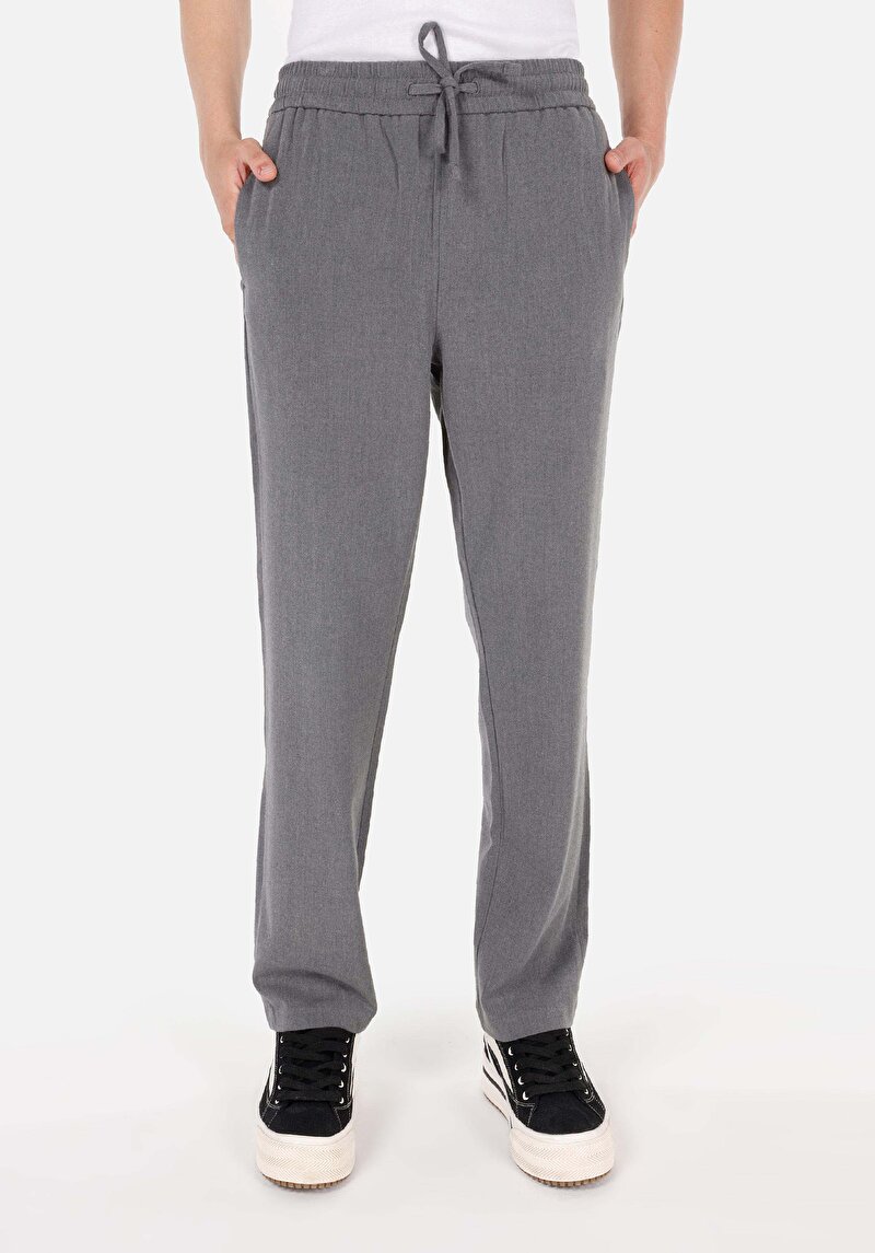 Regular Fit Orta Bel Düz Paça Bağcıklı Erkek Gri Pantolon
