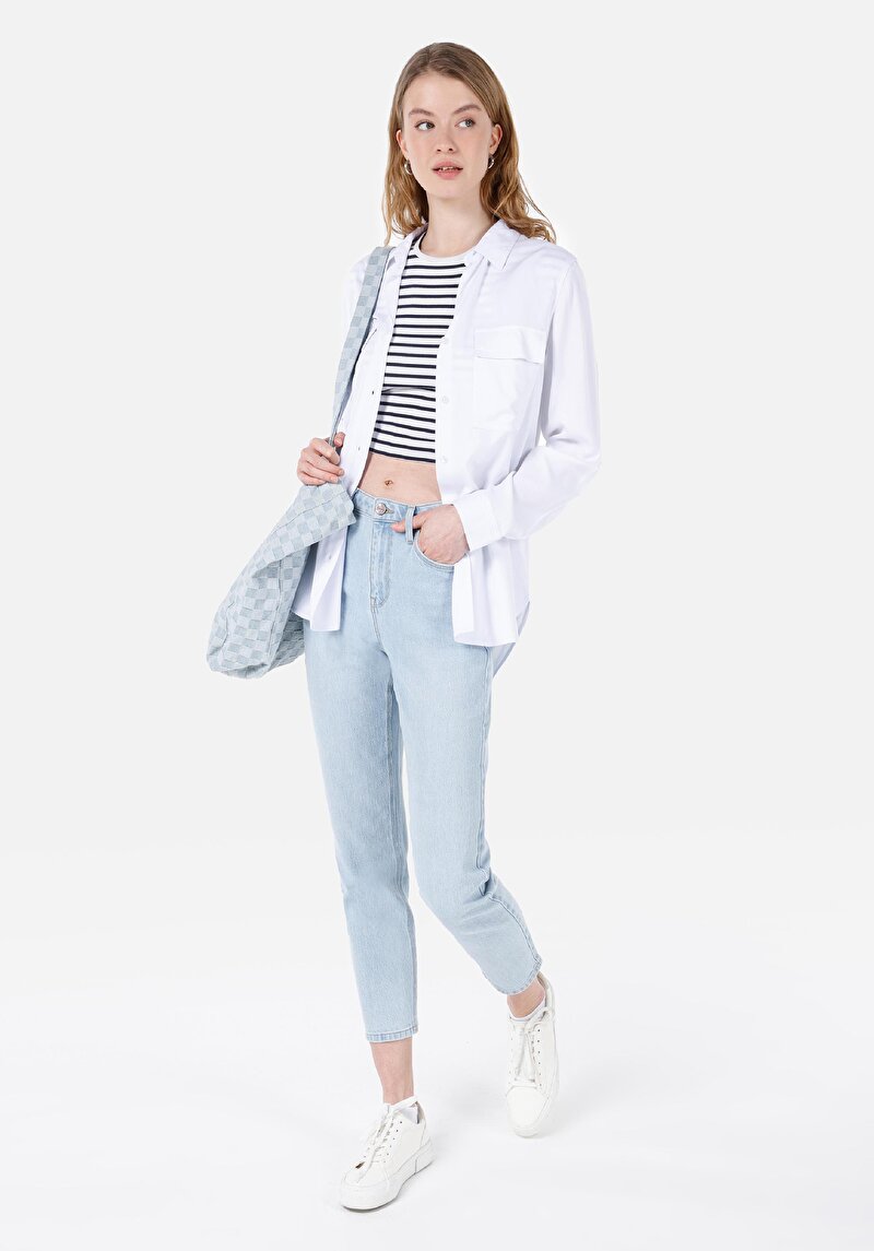 Regular Fit Shirt Neck Düz Kadın Beyaz Roll-Up Gömlek