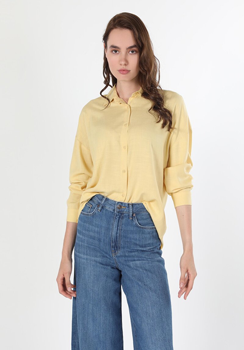 Relaxed Fit Shirt Neck Düz Kadın Sari Uzun Kol Gömlek