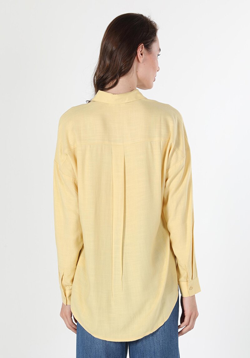 Relaxed Fit Shirt Neck Düz Kadın Sari Uzun Kol Gömlek