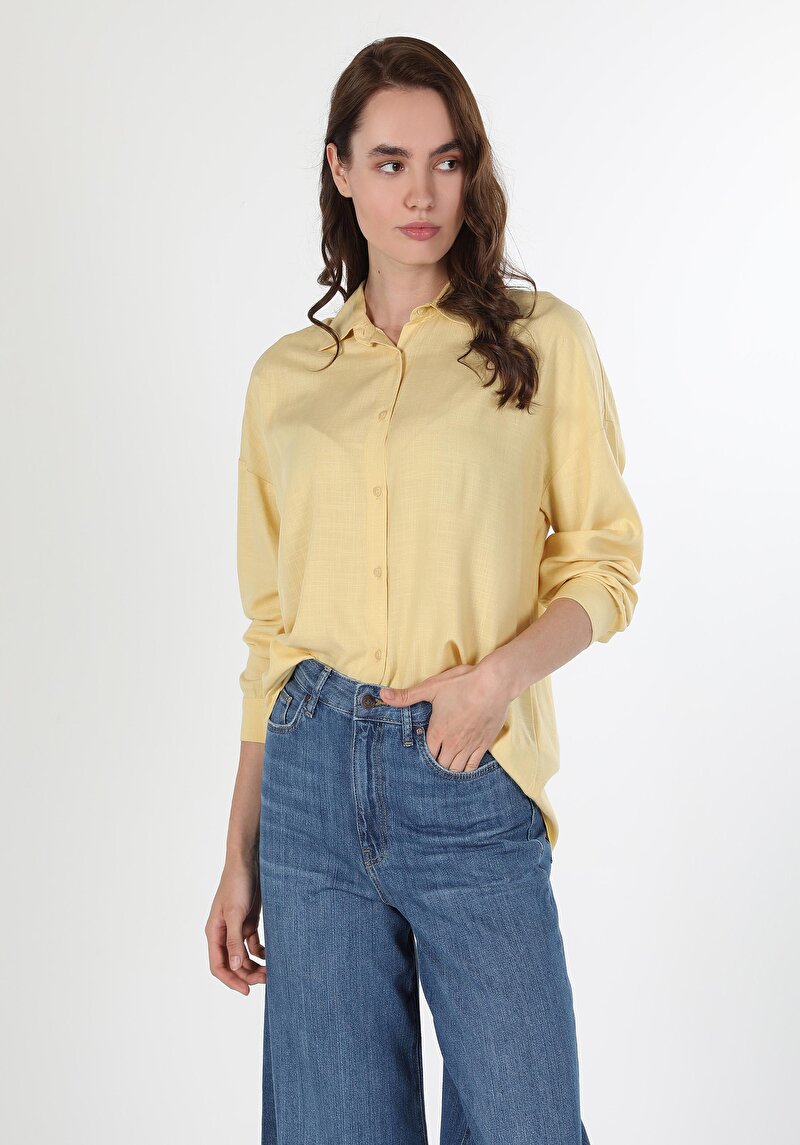 Relaxed Fit Shirt Neck Düz Kadın Sari Uzun Kol Gömlek