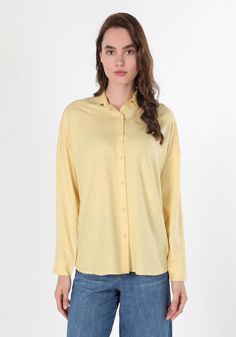 Relaxed Fit Shirt Neck Düz Kadın Sari Uzun Kol Gömlek