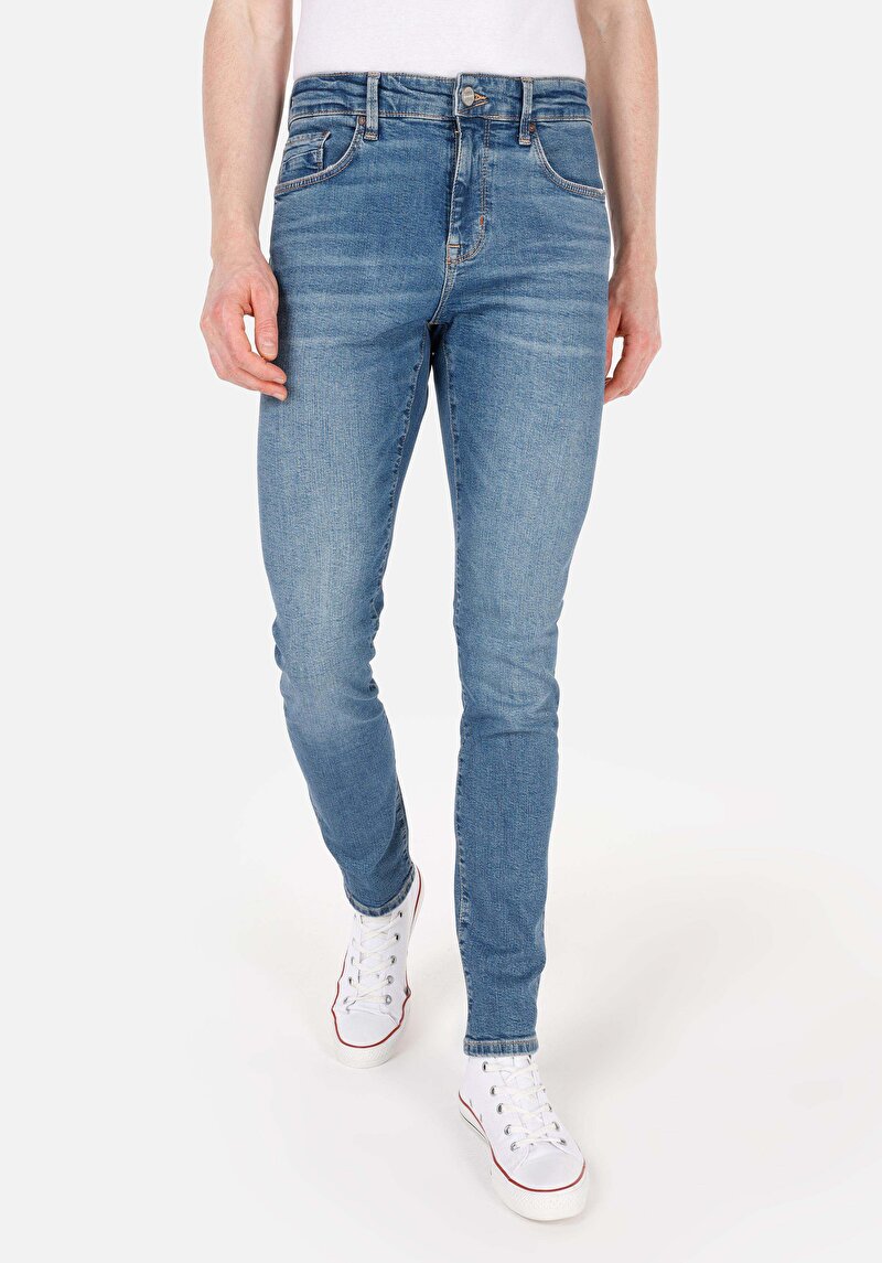Slim Fit Düşük Bel Dar Paça Erkek İndigo Denim Jean Pantolon
