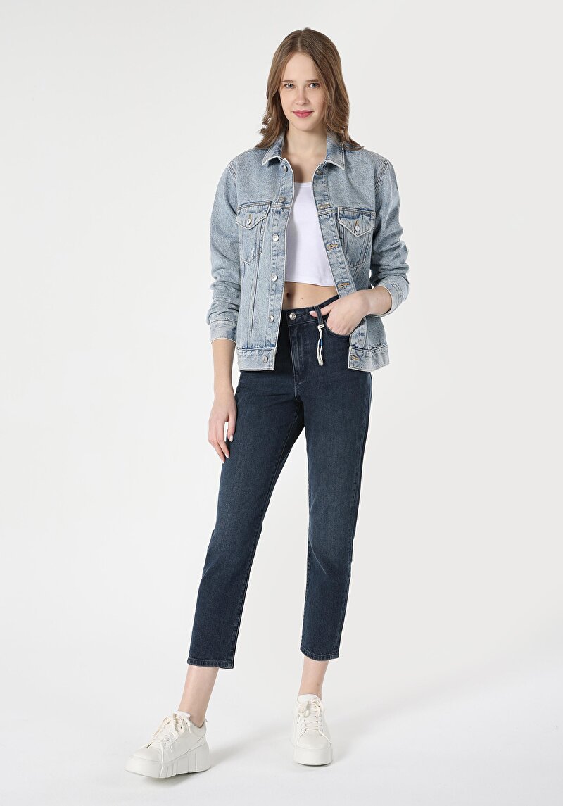 Slim Fit Orta Bel Daralan Paça Kadın Koyu İndigo Jean Pantolon