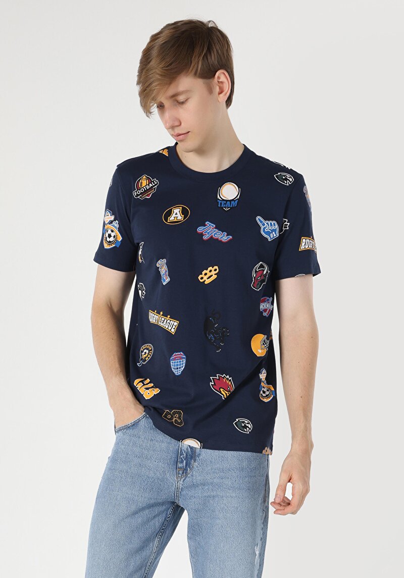 Regular Fit Yuvarlak Yaka Baskılı Erkek Lacivert Kısa Kol Tişört