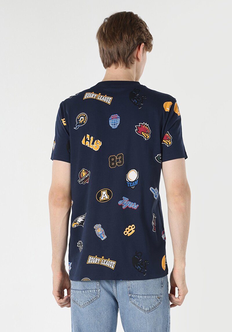 Regular Fit Yuvarlak Yaka Baskılı Erkek Lacivert Kısa Kol Tişört