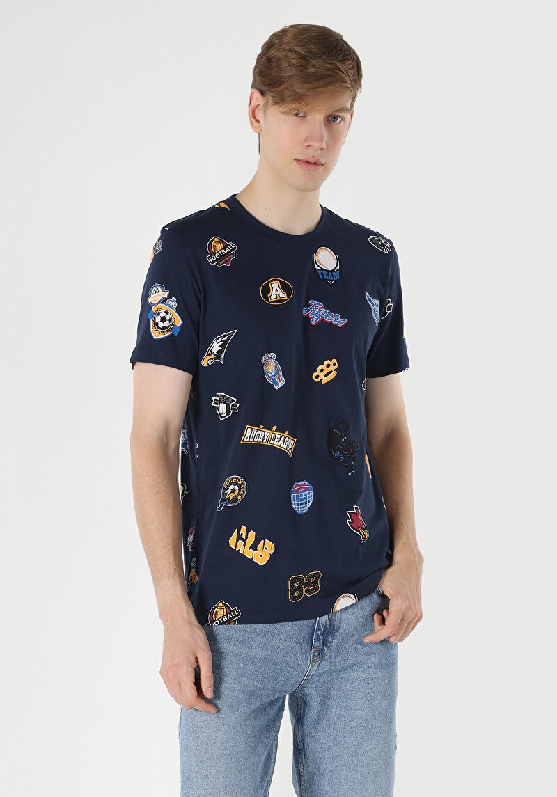 Regular Fit Yuvarlak Yaka Baskılı Erkek Lacivert Kısa Kol Tişört