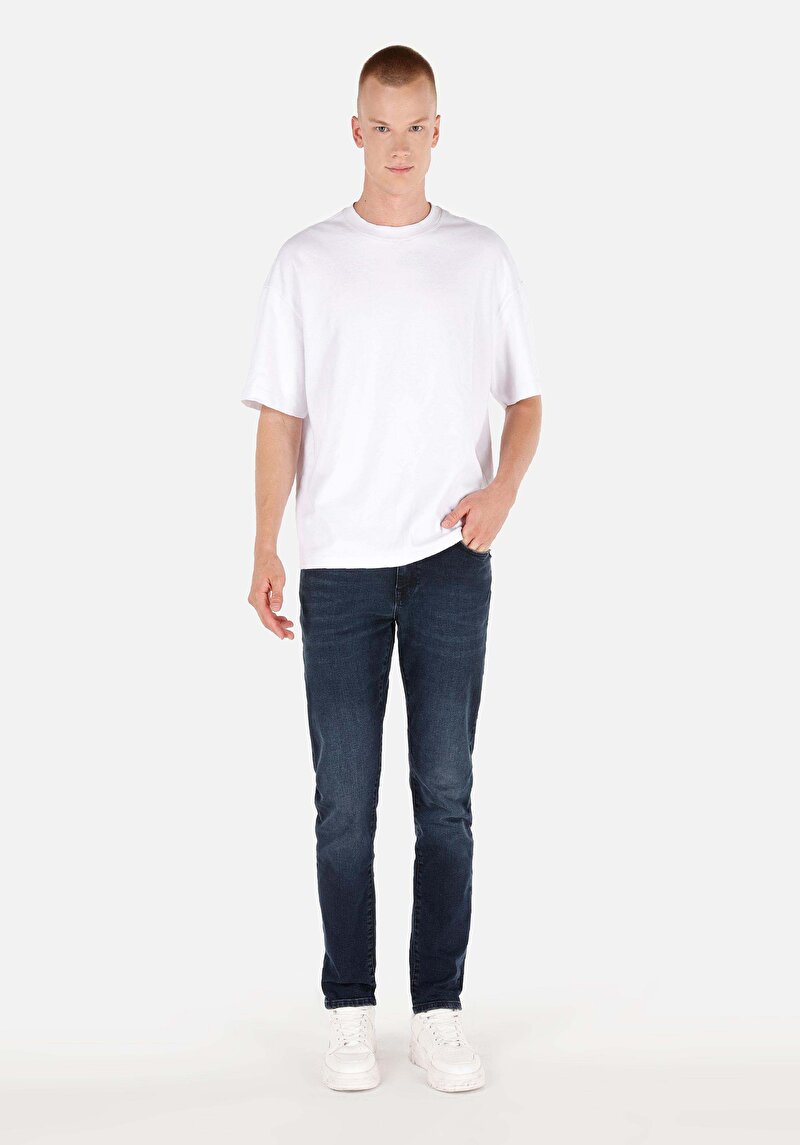 Slim Fit Düşük Bel Dar Paça Erkek Koyu İndigo Denim Jean Pantolon