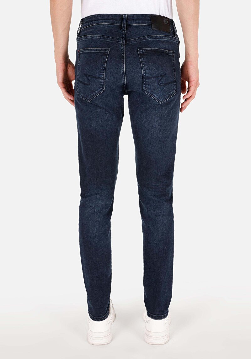 Slim Fit Düşük Bel Dar Paça Erkek Koyu İndigo Denim Jean Pantolon