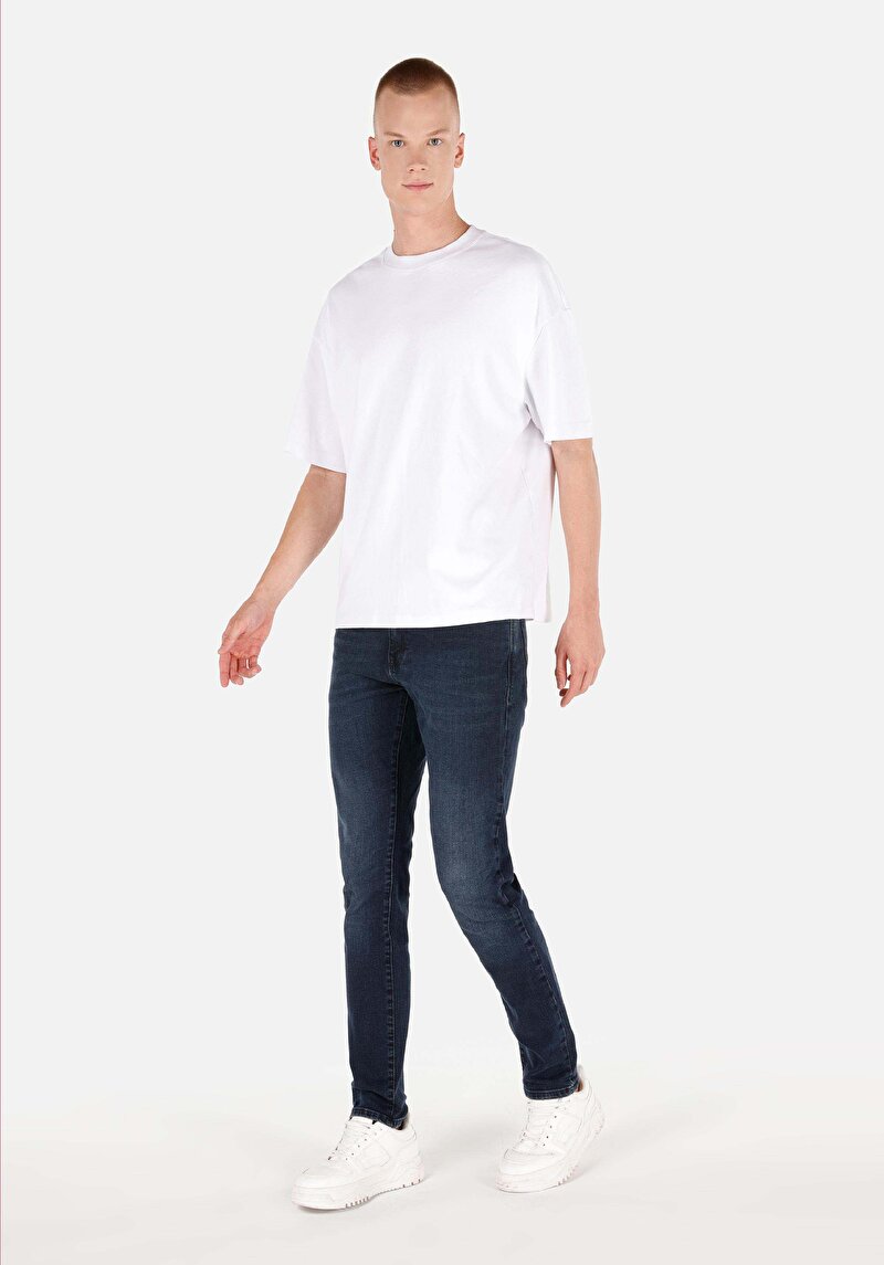 Slim Fit Düşük Bel Dar Paça Erkek Koyu İndigo Denim Jean Pantolon