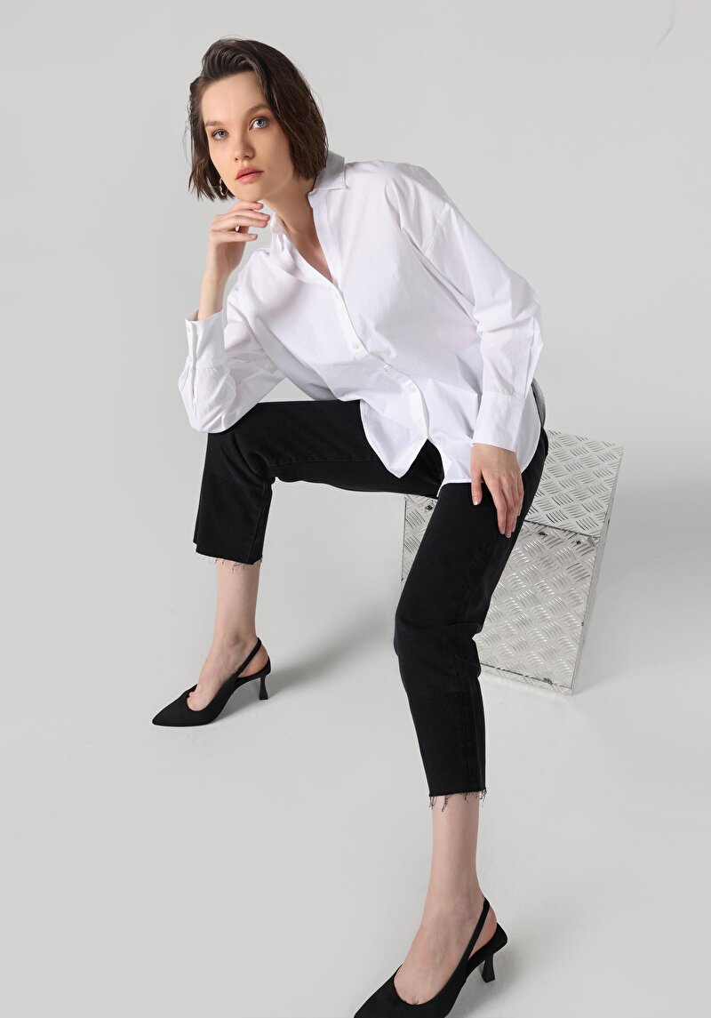 Regular Fit Shirt Neck Düz Kadın Beyaz Uzun Kol Gömlek