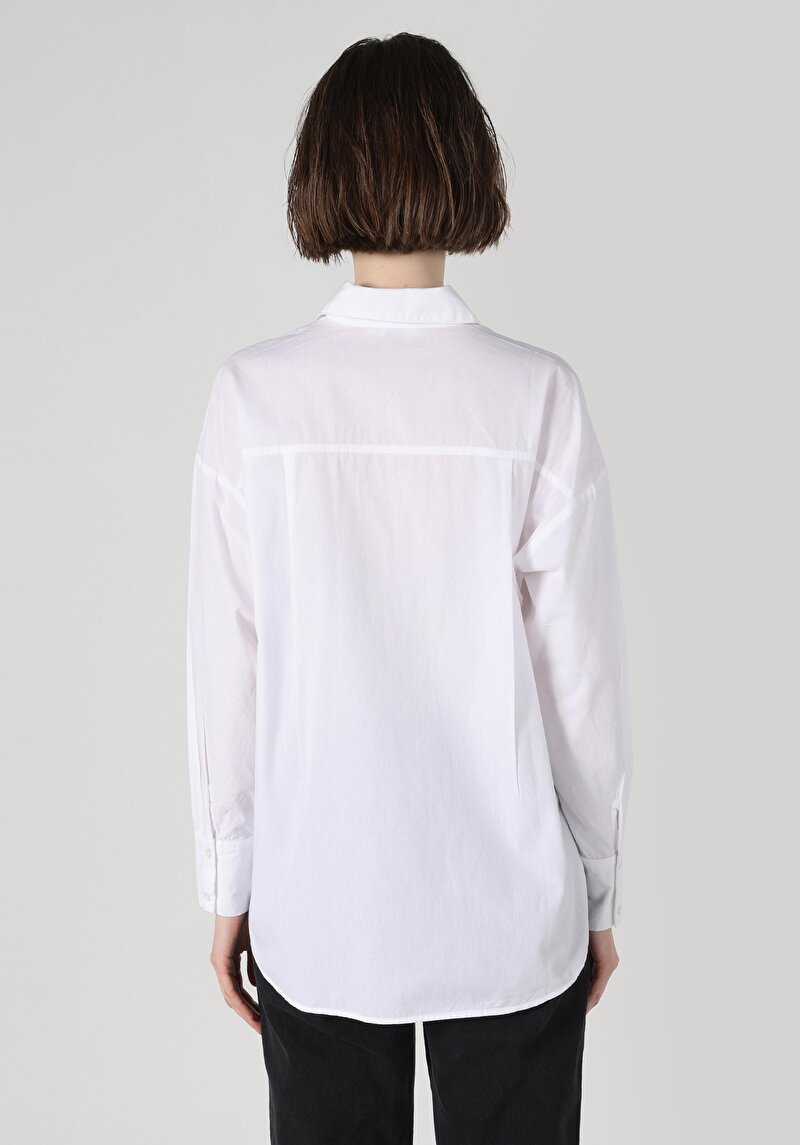 Regular Fit Shirt Neck Düz Kadın Beyaz Uzun Kol Gömlek