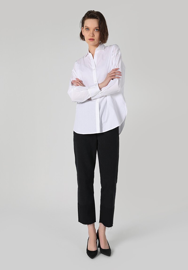 Regular Fit Shirt Neck Düz Kadın Beyaz Uzun Kol Gömlek
