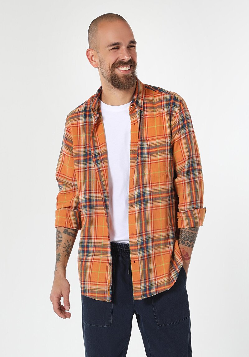 Regular Fit Shirt Neck Ekoseli Erkek Sari Uzun Kol Gömlek