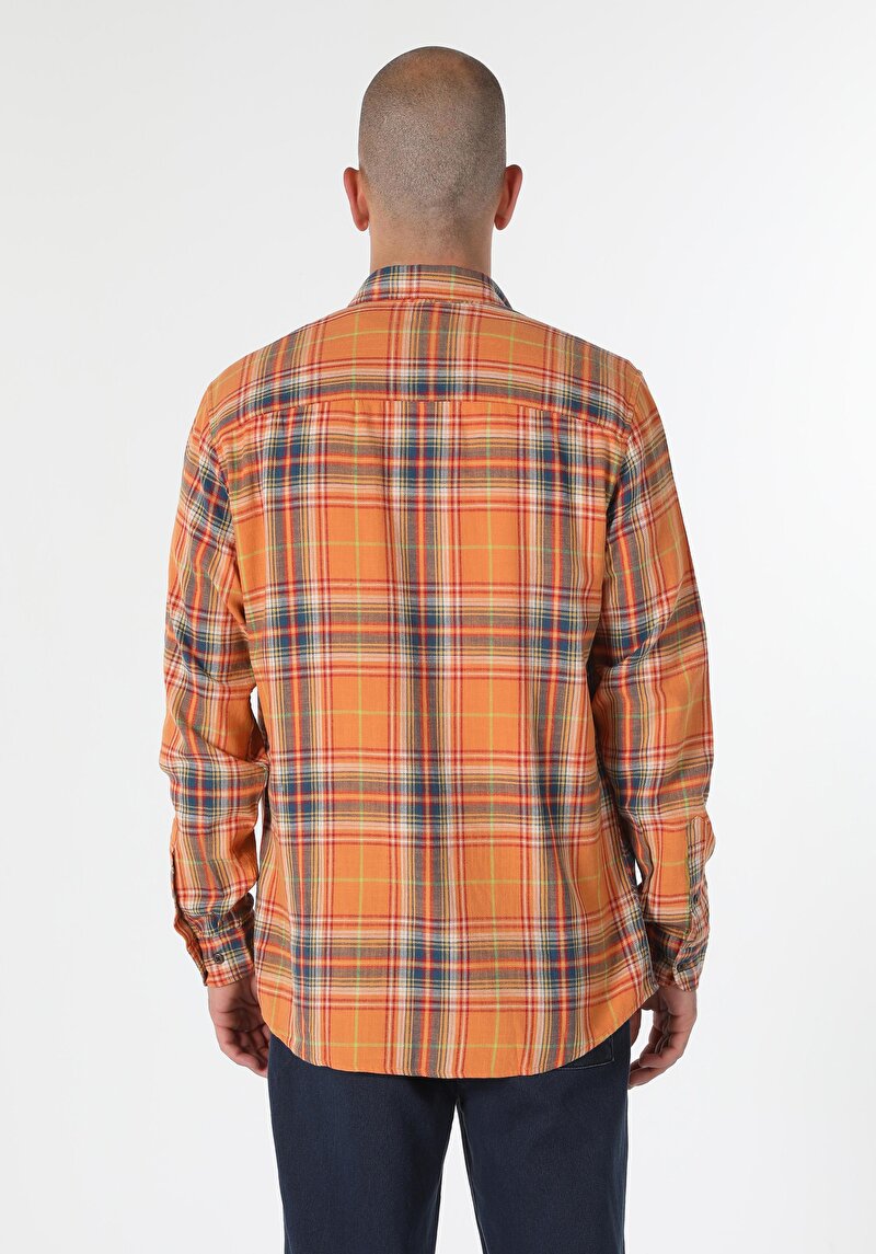 Regular Fit Shirt Neck Ekoseli Erkek Sari Uzun Kol Gömlek