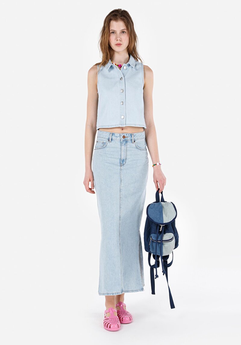 Slim Fit Düz Fermuarlı Kadın Mavi Etek