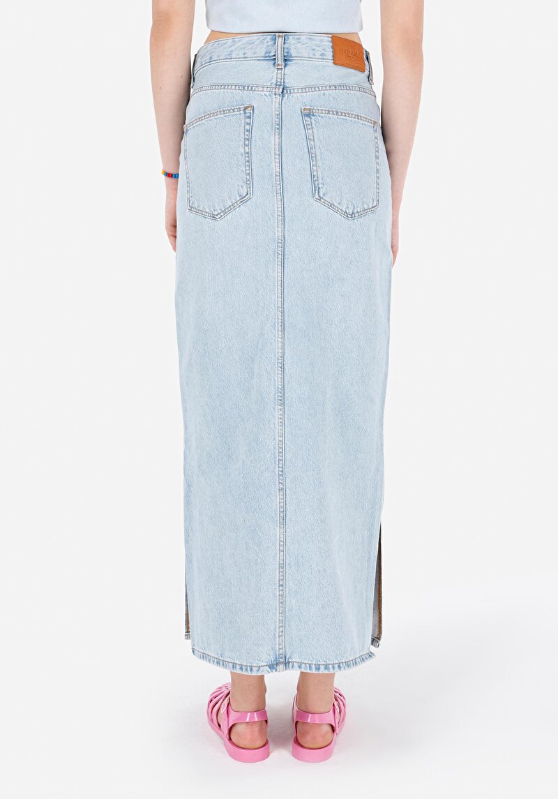 Slim Fit Düz Fermuarlı Kadın Mavi Etek