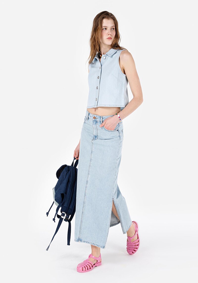 Slim Fit Düz Fermuarlı Kadın Mavi Etek