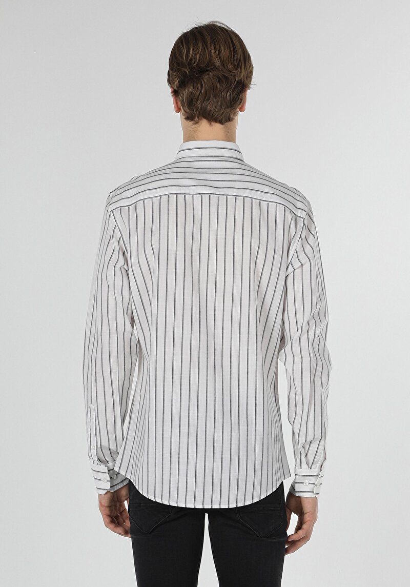 Slim Fit Shirt Neck Çizgili Erkek Beyaz Uzun Kol Gömlek
