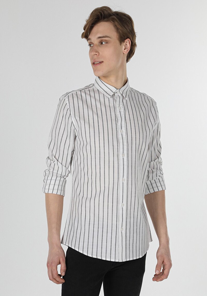 Slim Fit Shirt Neck Çizgili Erkek Beyaz Uzun Kol Gömlek