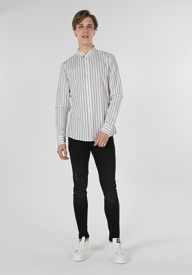 Slim Fit Shirt Neck Çizgili Erkek Beyaz Uzun Kol Gömlek