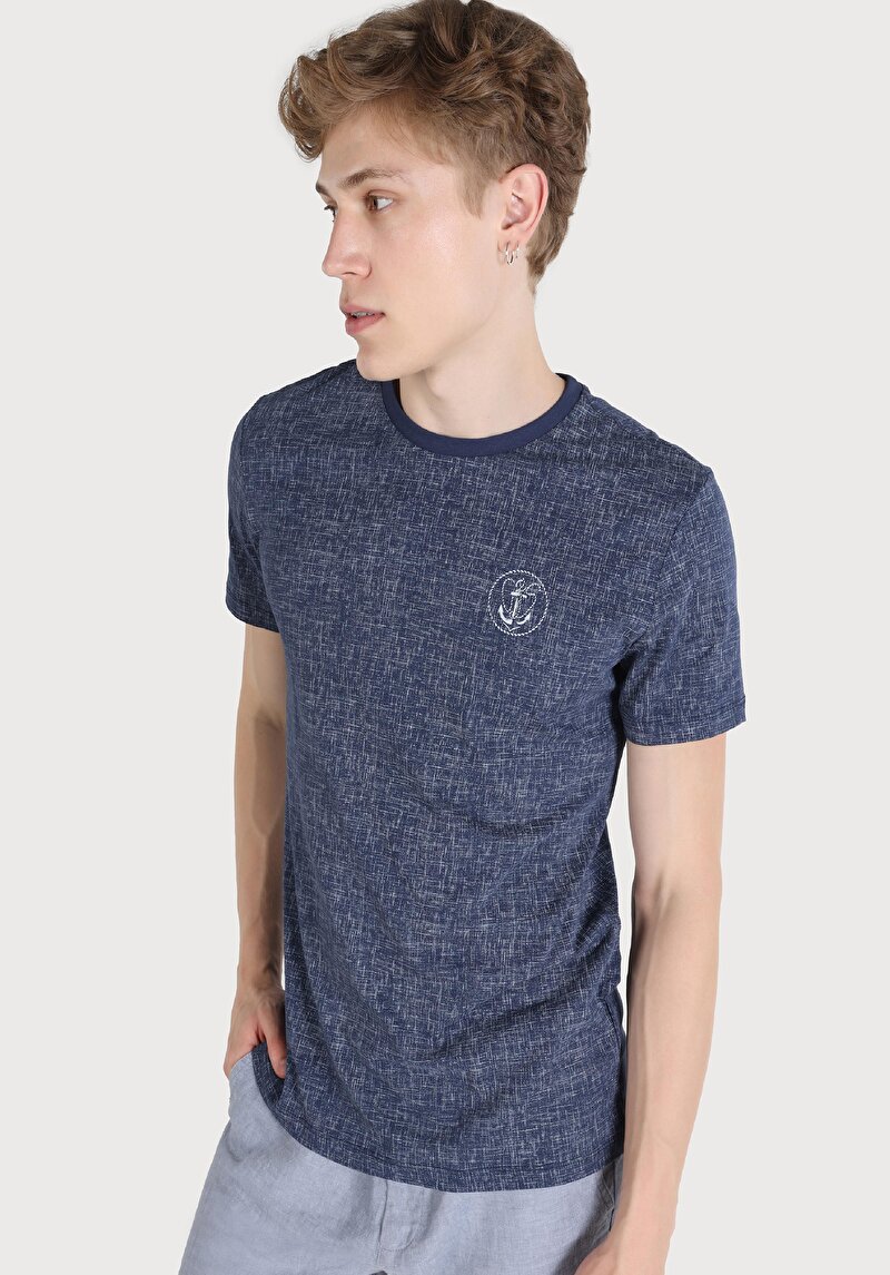 Regular Fit Yuvarlak Yaka Baskılı Erkek Lacivert Kısa Kol Tişört
