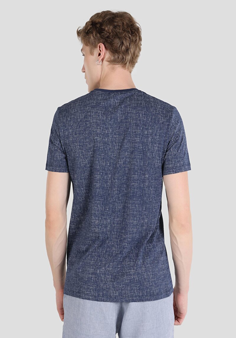 Regular Fit Yuvarlak Yaka Baskılı Erkek Lacivert Kısa Kol Tişört