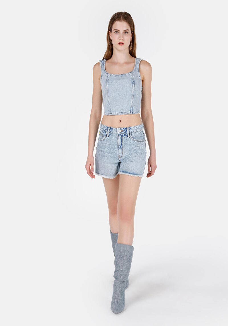 Mom Fit Yüksek Bel Kadın İndigo Jean Şort