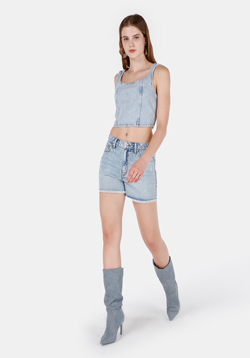 Mom Fit Yüksek Bel Kadın İndigo Jean Şort