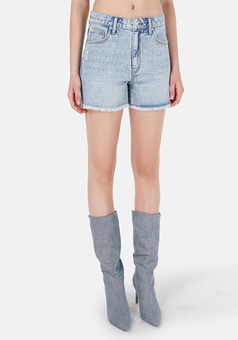 Mom Fit Yüksek Bel Kadın İndigo Jean Şort