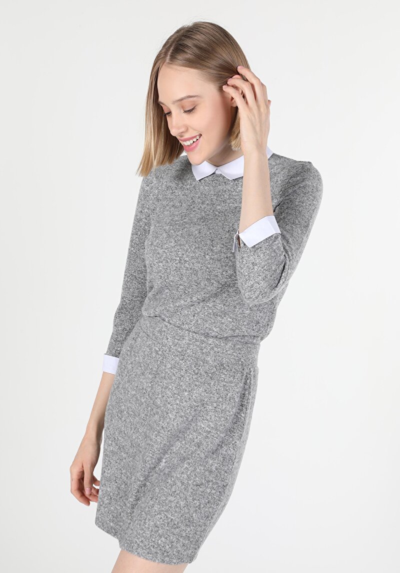 Regular Fit Shirt Neck Düz Kadın Gri Uzun Kol Tişört