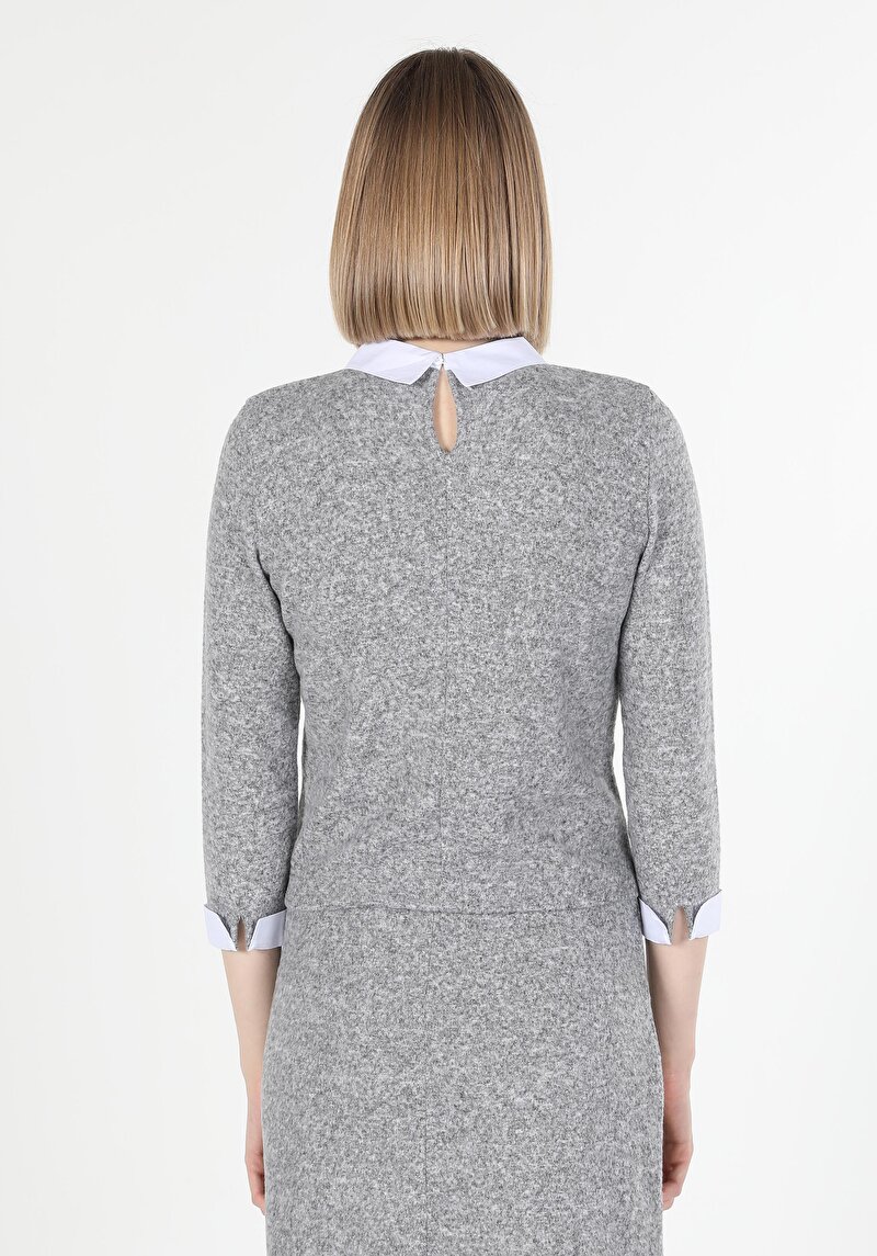 Regular Fit Shirt Neck Düz Kadın Gri Uzun Kol Tişört