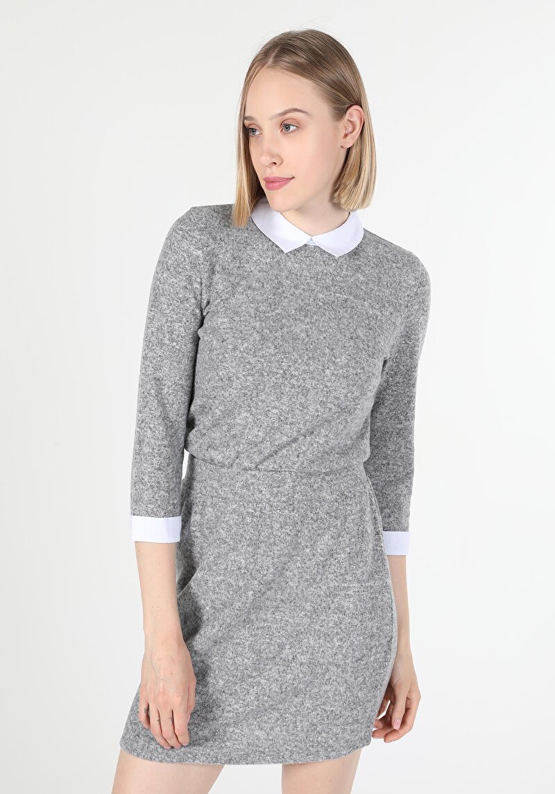 Regular Fit Shirt Neck Düz Kadın Gri Uzun Kol Tişört