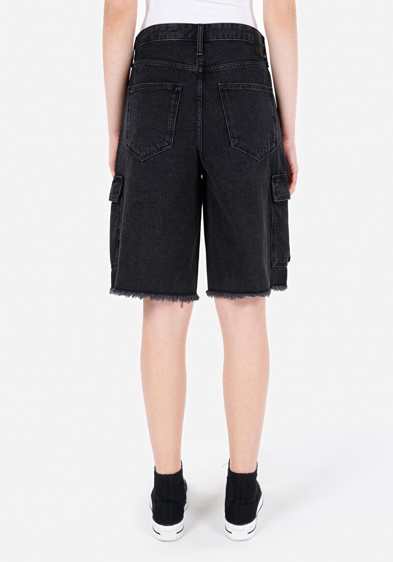 Cargo Fit Yüksek Bel Kadın İndigo Jean Şort