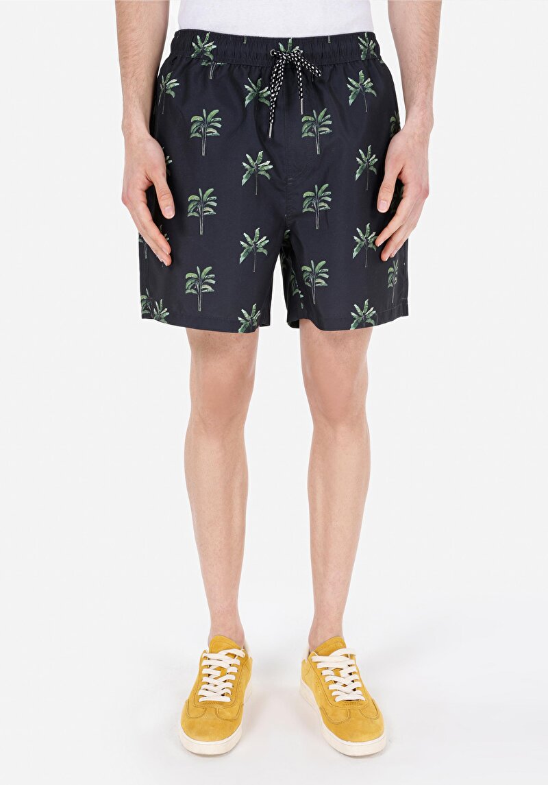 Regular Fit Orta Bel Erkek Siyah Deniz Şortu