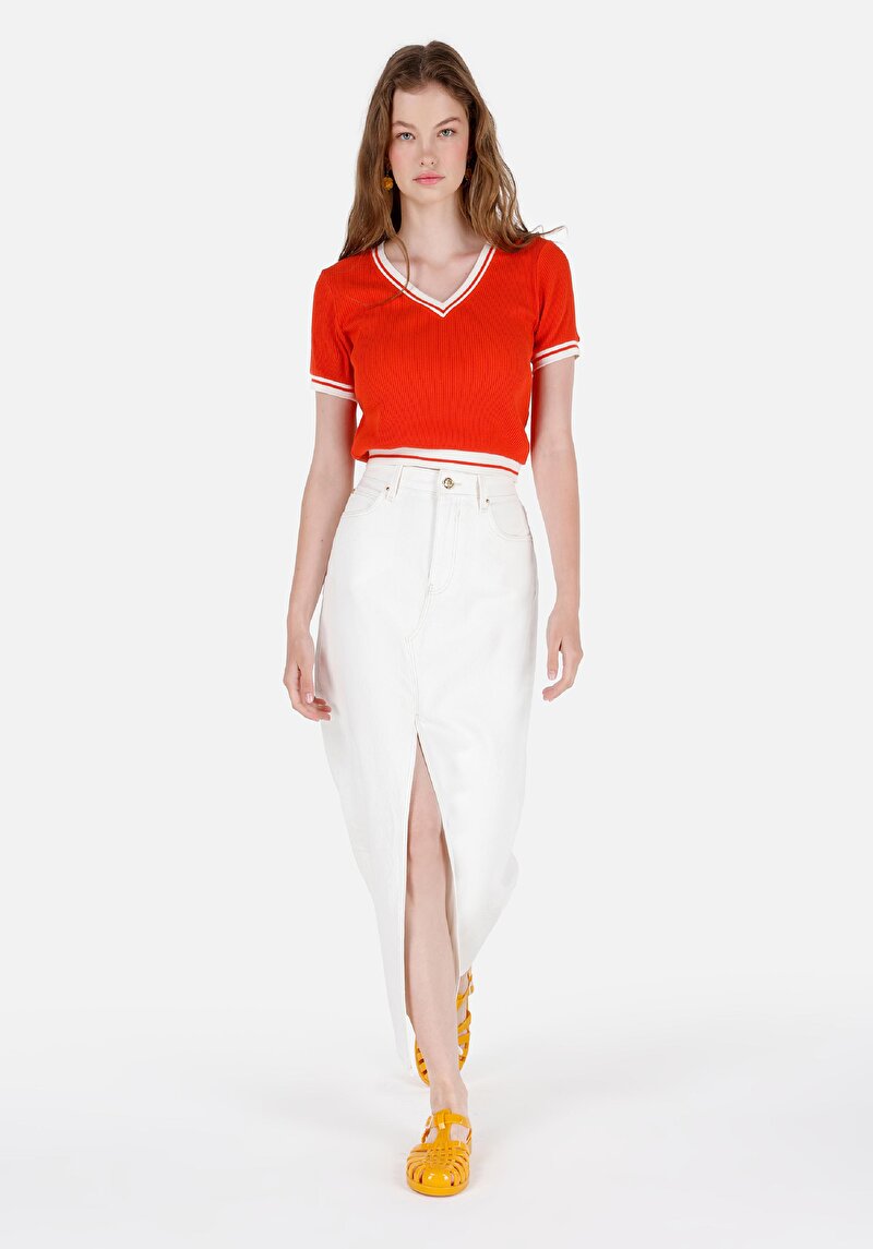 Slim Fit Düz Fermuarlı Kadın Beyaz Etek