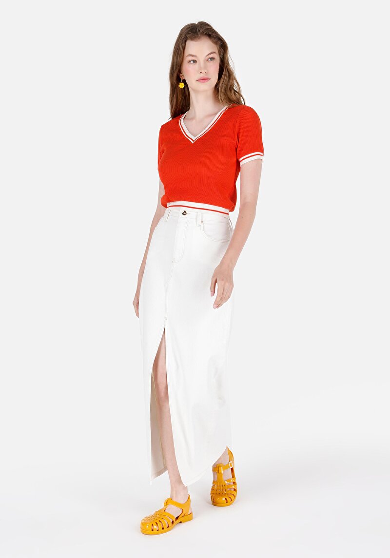 Slim Fit Düz Fermuarlı Kadın Beyaz Etek