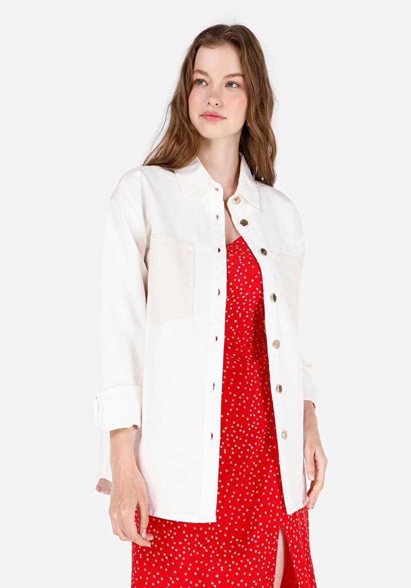 Regular Fit Klasik Bedenli Kadın Beyaz Uzun Kol Gömlek