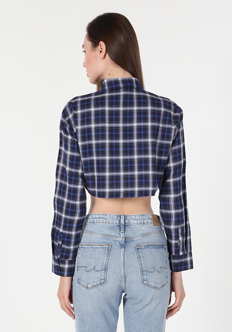 Regular Fit Shirt Neck Ekoseli Kadın Lacivert Uzun Kol Gömlek