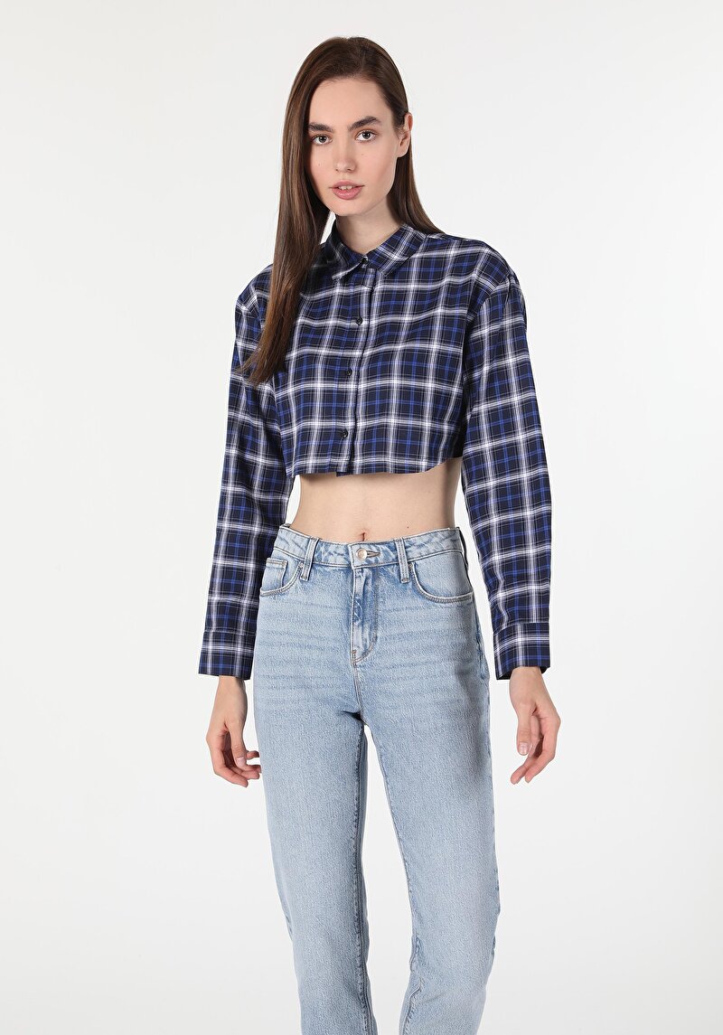 Regular Fit Shirt Neck Ekoseli Kadın Lacivert Uzun Kol Gömlek