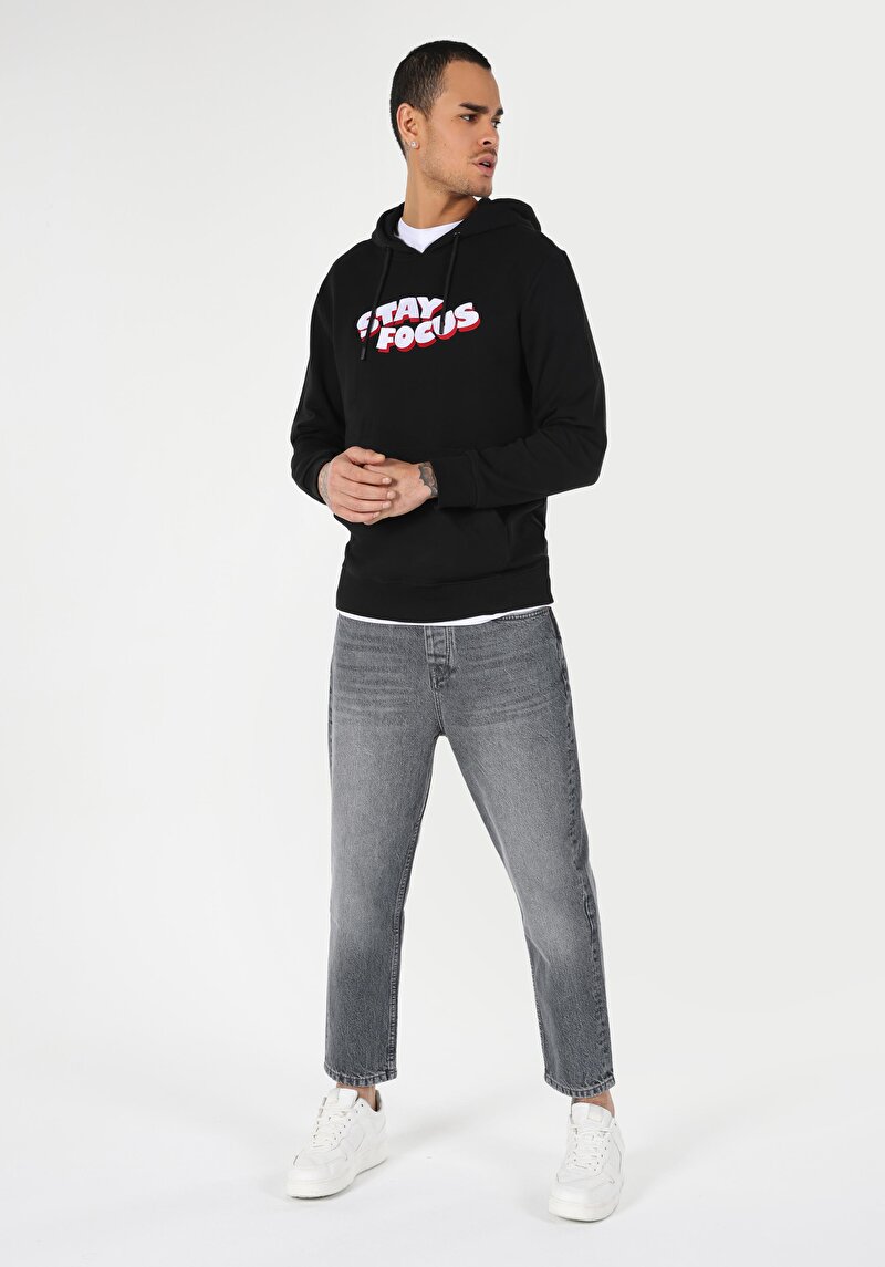 Regular Fit Pamuklu Baskılı Erkek Siyah Sweatshirt