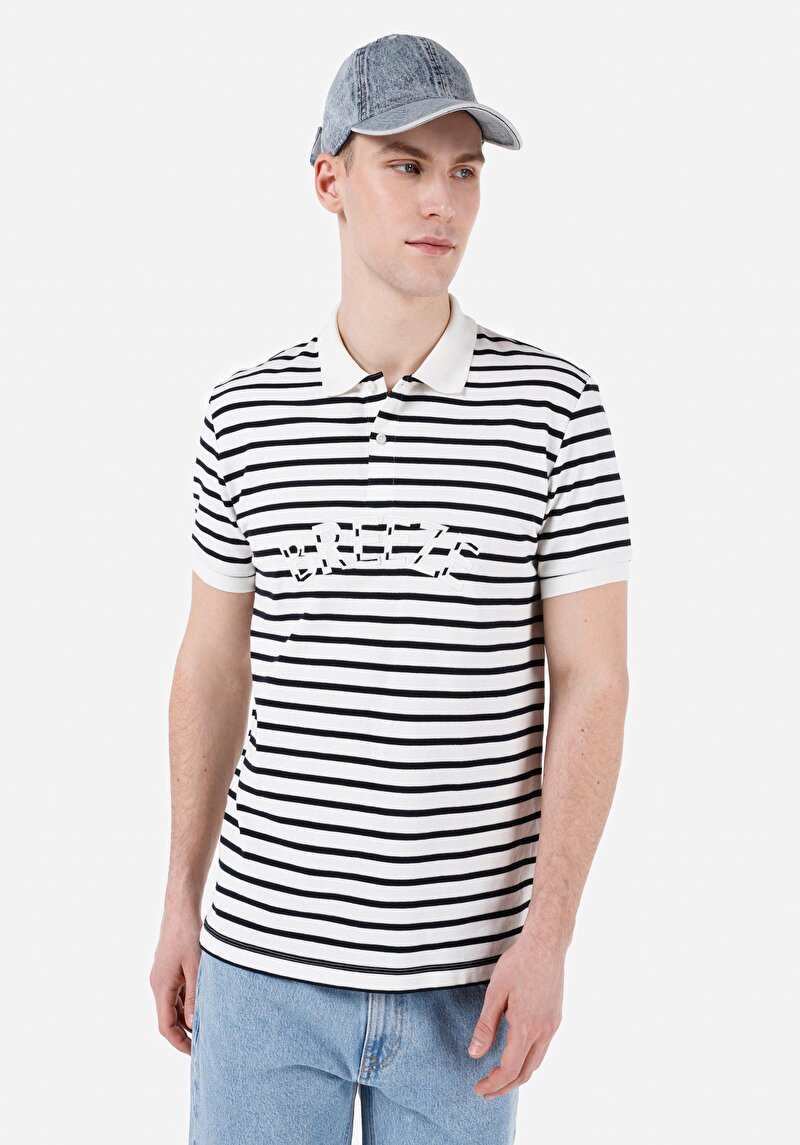 Regular Fit Polo Yaka Çizgili Erkek Beyaz Kısa Kol Tişört