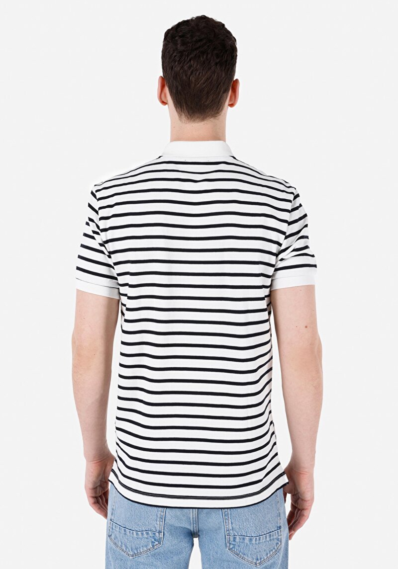 Regular Fit Polo Yaka Çizgili Erkek Beyaz Kısa Kol Tişört