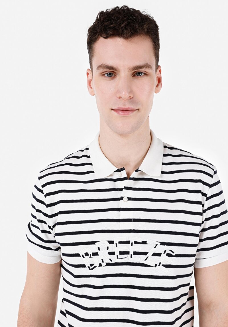 Regular Fit Polo Yaka Çizgili Erkek Beyaz Kısa Kol Tişört