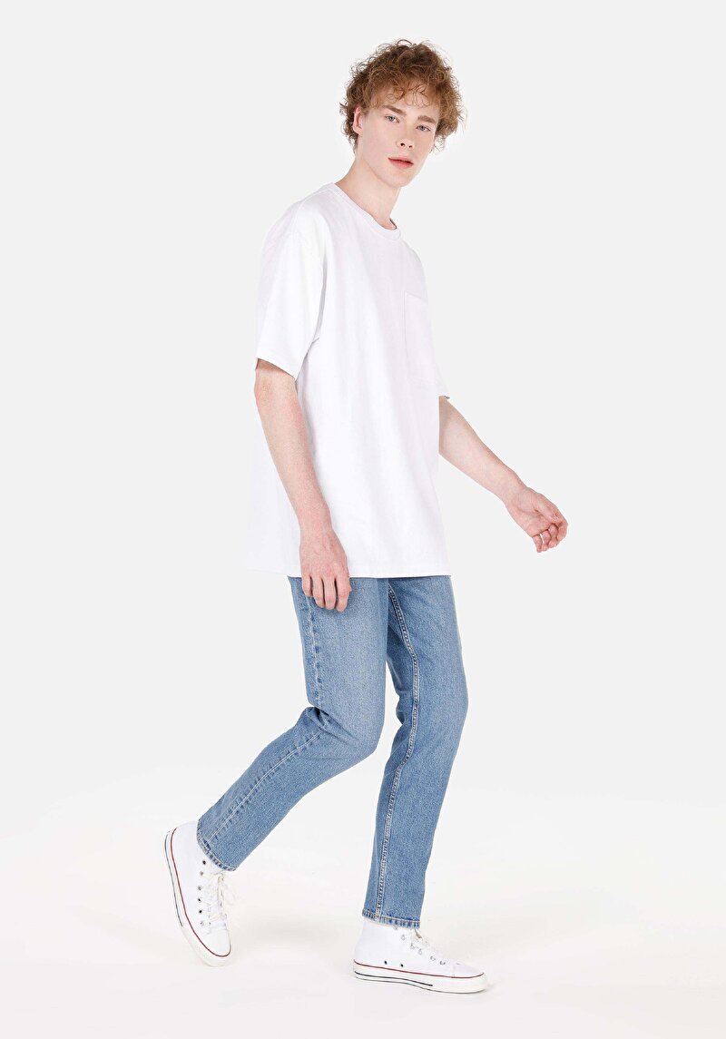 Regular Fit Orta Bel Daralan Paça Erkek İndigo Fermuarlı Denim Jean Pantolon